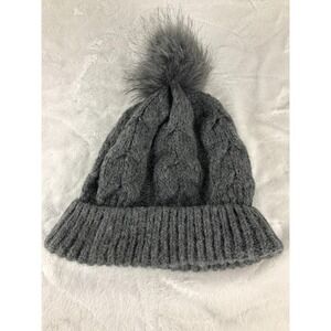 LOFT Hat Beanie Womens Gray Cable Knit Faux Fur Pom Pom Cuffed Ribbed Winter
